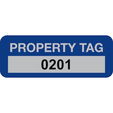 Lustre-Cal Property ID Label PROPERTY TAG5 Alum Dark Blue 2in x 0.75in Serialized 0201-0300, 100PK 253740Ma1Bd0201